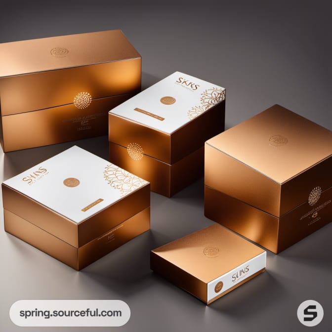 Gold and white boxes arranged on a gray surface.