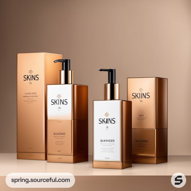 Tall and square gold and white pump bottles on a beige background.