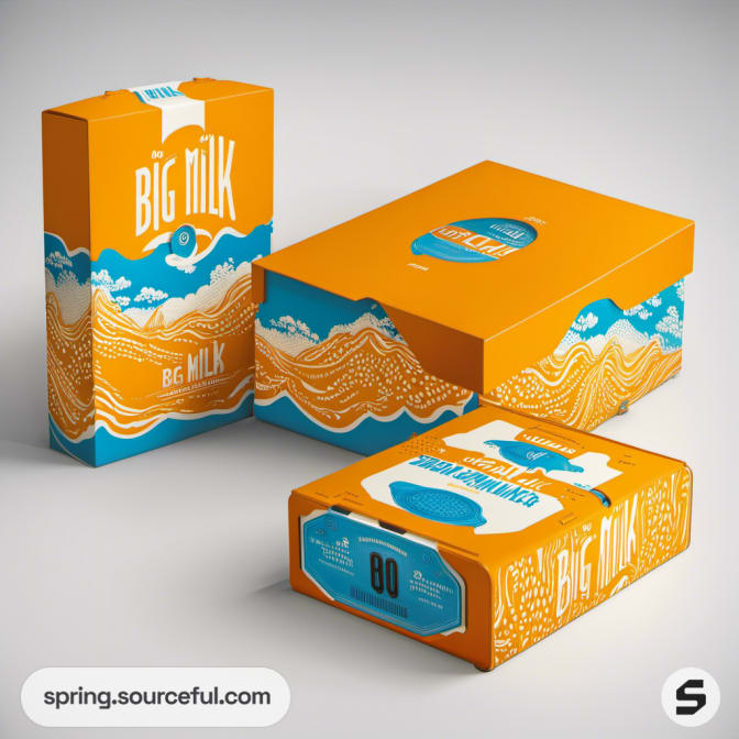 Colorful milk carton with mountains and waves, orange and blue design.