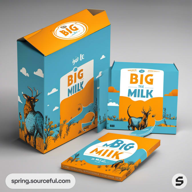 Box packaging with animal illustrations, orange and blue colors.