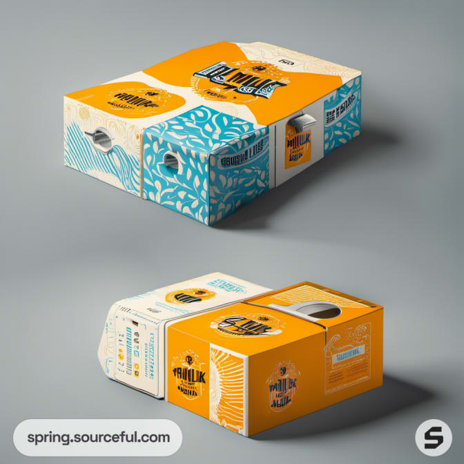 Square milk carton with abstract patterns, orange and blue.