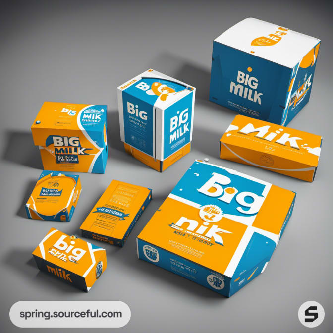 Assortment of milk boxes, bold orange and blue designs.