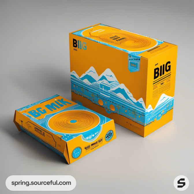 Milk box with mountain design in orange and blue, rectangular shape.
