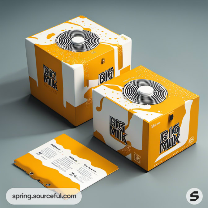 Cube boxes with milk splash design, orange and white.