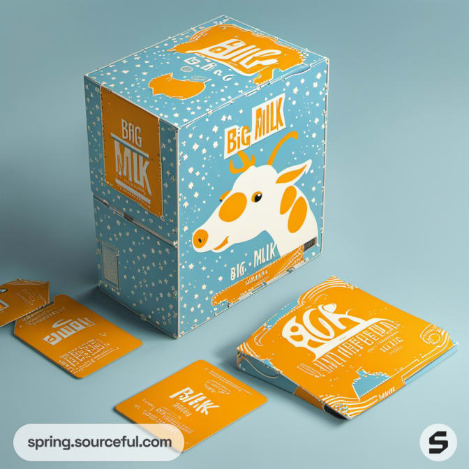 Box with cow illustration, orange and blue with polka dots.