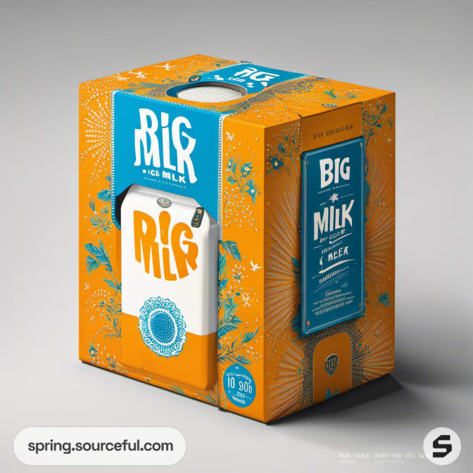 Milk box with floral design, orange and blue, open spout.