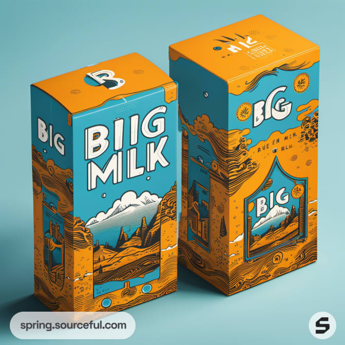 Milk boxes with detailed landscape, orange and blue.