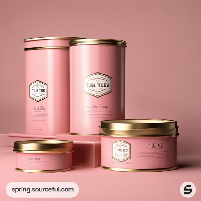 Pink cylindrical tins with gold lids on a pastel pink background.