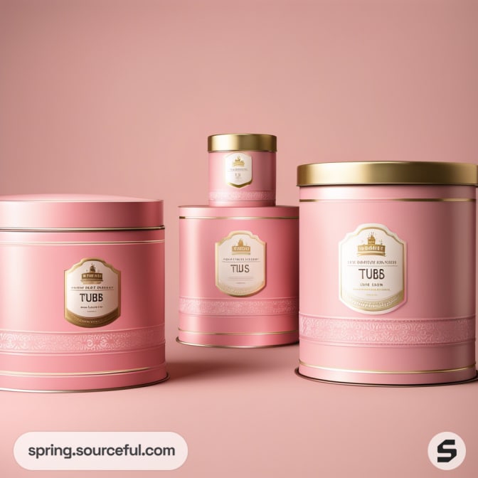 Pink cylindrical beauty tins with gold lids on a pink background.