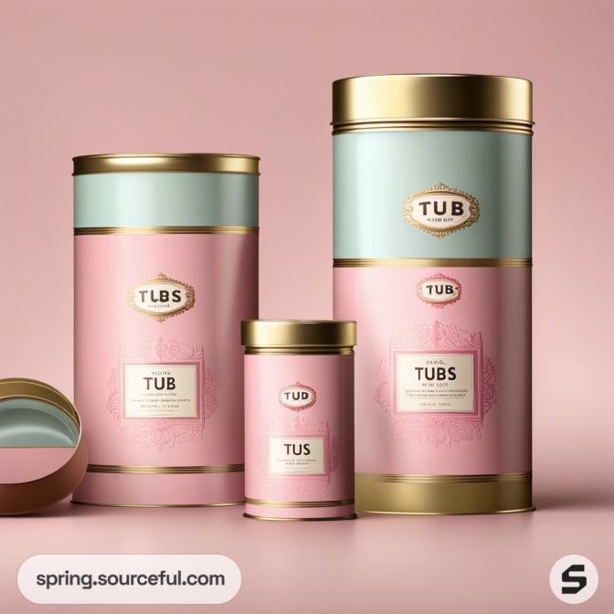 Three cylindrical tins with pink and light blue packaging, gold lids, on a pink background.