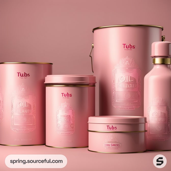 Assorted pink tubs and containers with gold accents on a pink background.