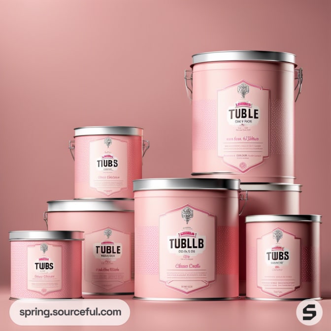 Assorted pink paint cans with silver lids arranged on a pink background.