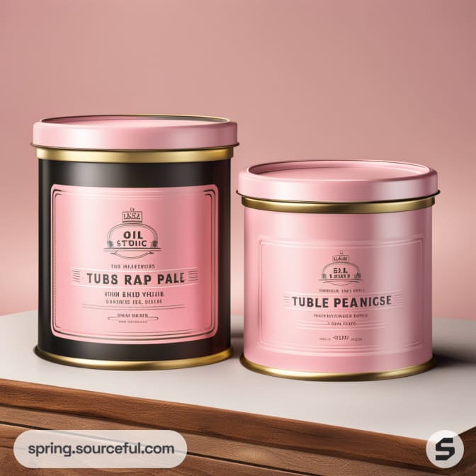 Two cylindrical containers with pink and black labels on a wooden surface.