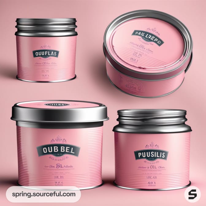 Pink cylindrical tins with silver lids and text, featuring a modern, elegant design.