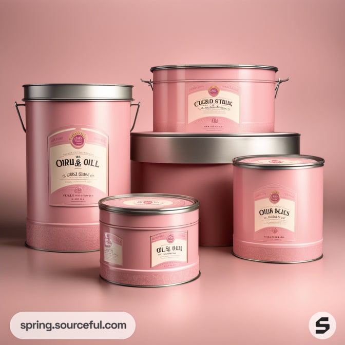 Set of pink cylindrical tins with lids on a pink background.
