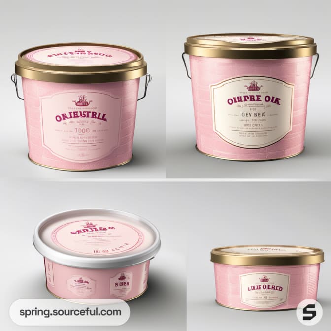 Three pink round tins with gold lids and a white plastic tub, all with vintage-style labels against a white background.