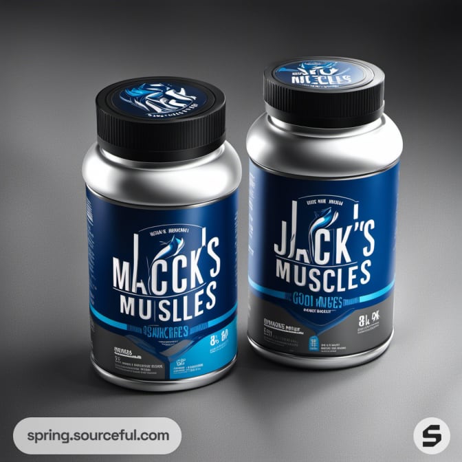 Two blue-silver bottles with Jack's Muscles label on a grey background.