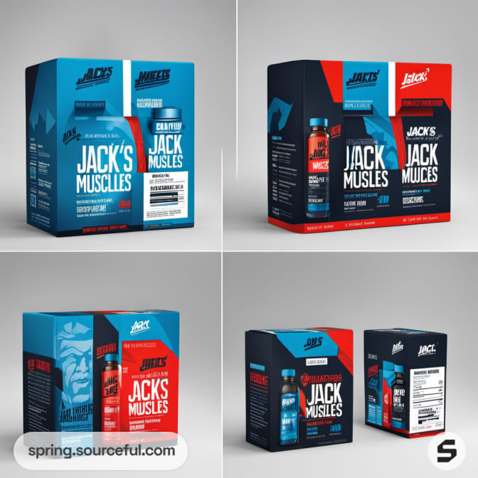 Four boxes of Jack's Muscles supplements with various colors and designs.