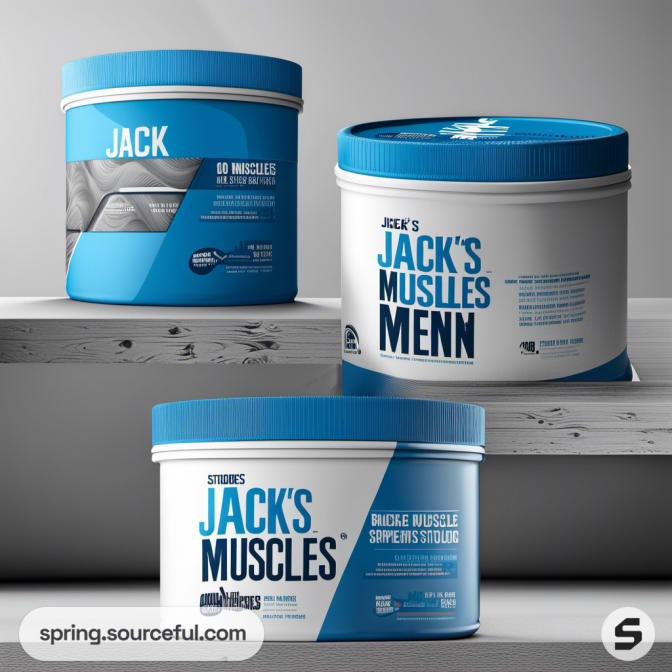 Three white and blue tubs of Jack's Muscles supplements on a white surface.