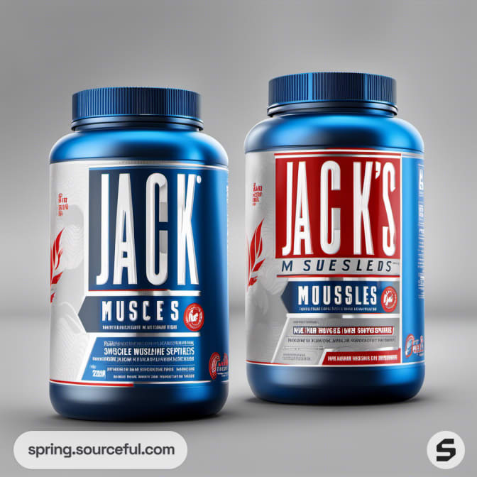 Two blue jars of Jack's Muscles supplements with bold labels.