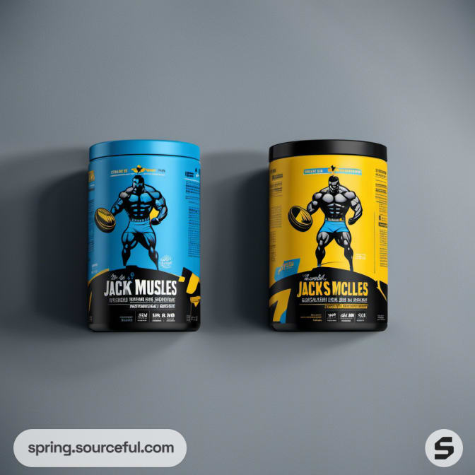 Two cylindrical containers of Jack's Muscles supplements in blue and yellow.