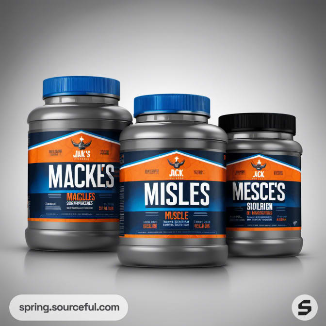 Three grey jars labeled Jack's Muscles with blue and orange design.
