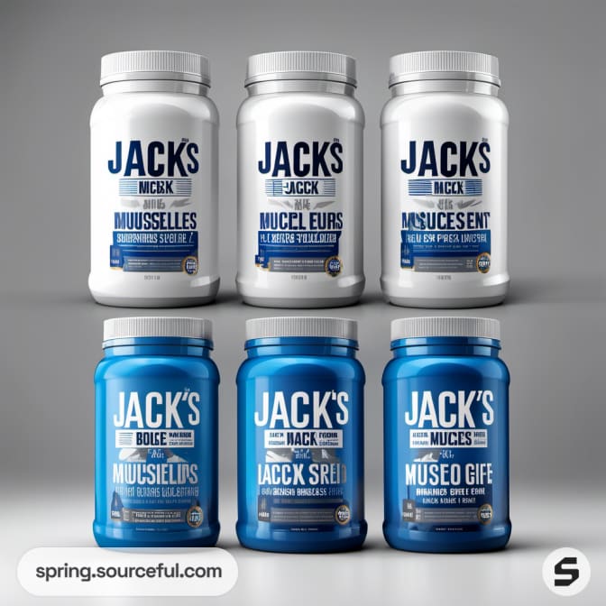 Six white and blue jars of Jack's Muscles supplements labeled in front.
