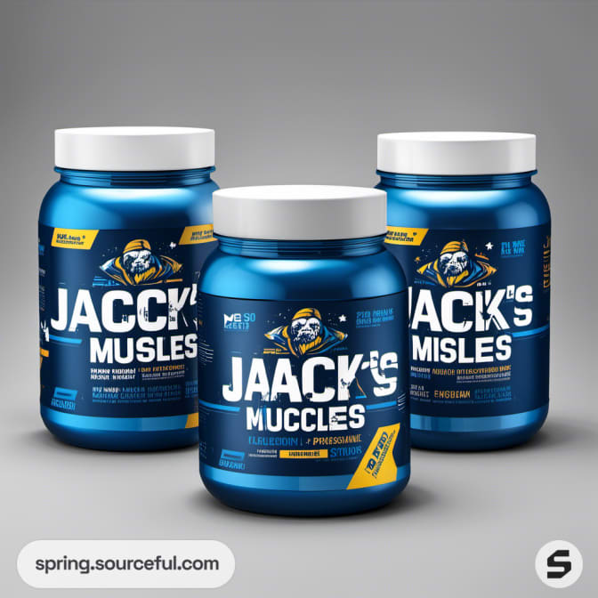 Three blue jars with Jack's Muscles labels on a grey background.