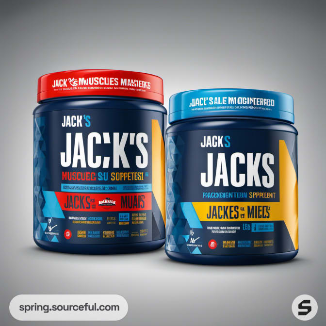 Two black-blue jars of Jack's Muscles supplements in bold design.