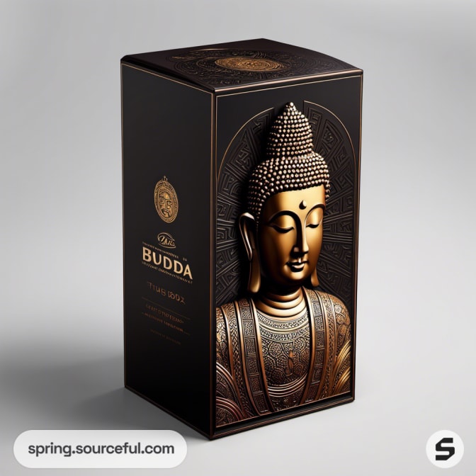 Black box with golden Buddha statue design and intricate patterns.