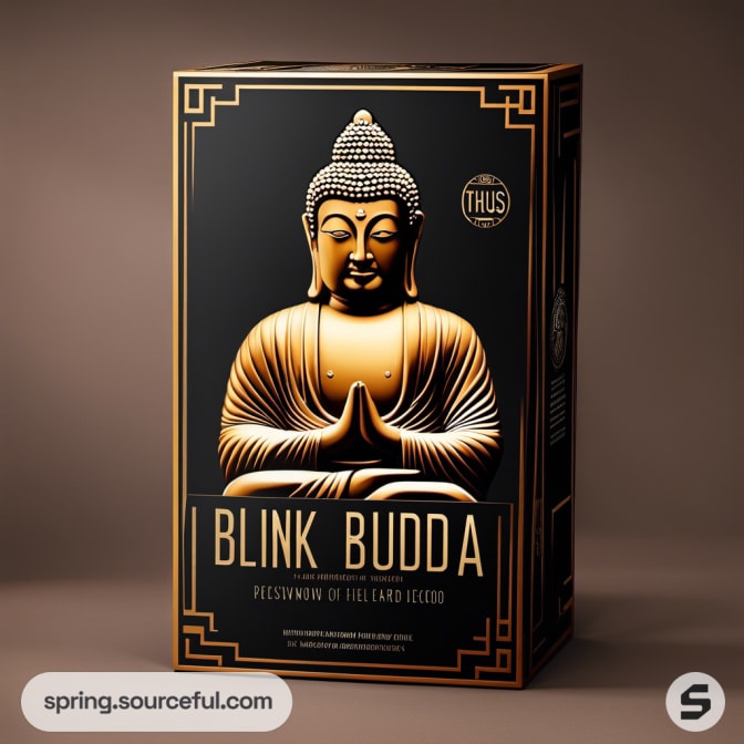 Black box with golden Buddha in namaste pose and art deco design.