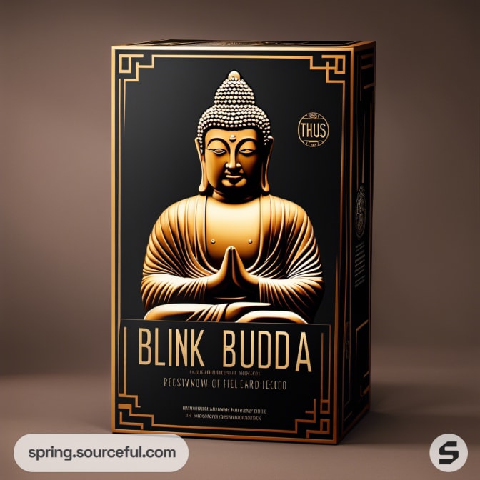 Black box with golden Buddha in namaste pose and art deco design.