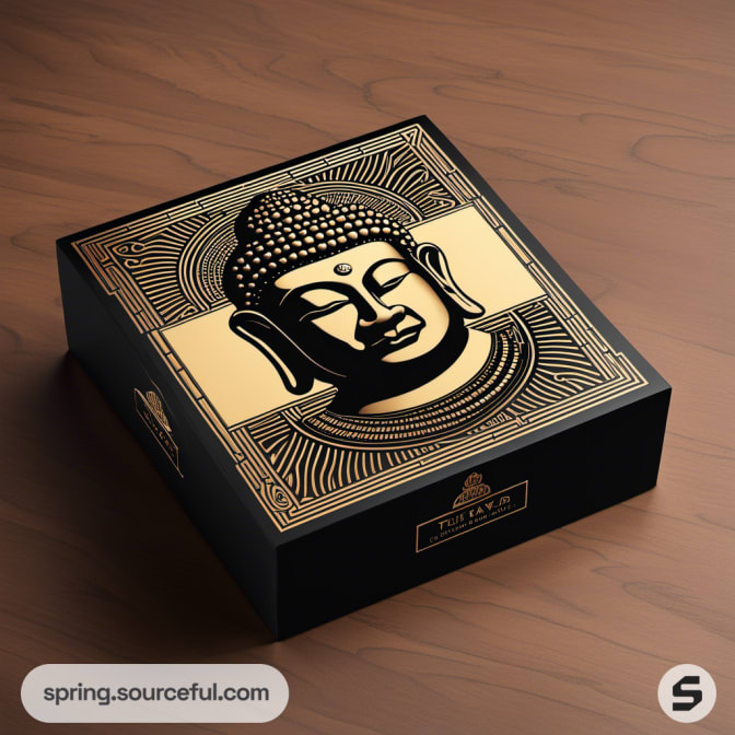 Square black box with gold Buddha face and geometric design.