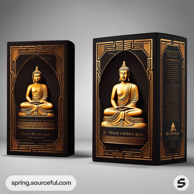 Two black boxes with golden seated Buddha statues in art deco style.