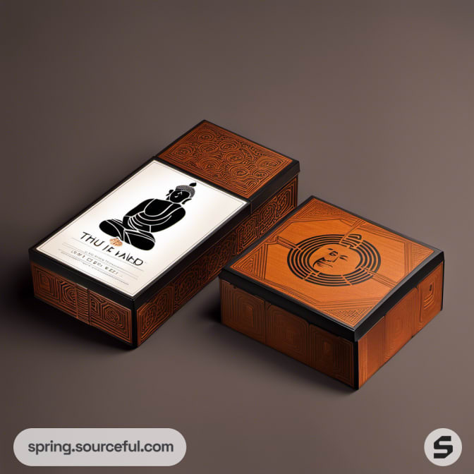 Rectangular black and brown boxes with abstract Buddha designs.