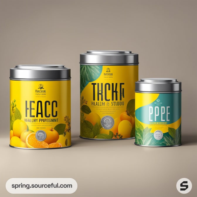 Three colorful metal tea tins with yellow and green leafy designs on a neutral background.
