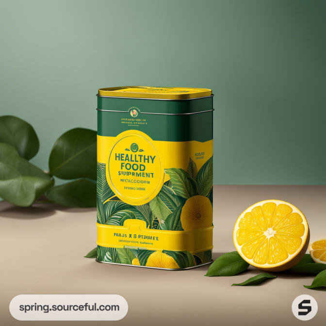 Green tin with yellow accents and citrus design, labeled 'Healthy Food', on a light green background.