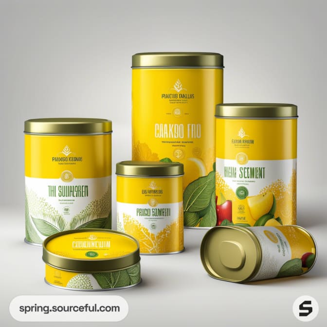 Collection of yellow and green food canisters with illustrative graphics of fruits and plants.
