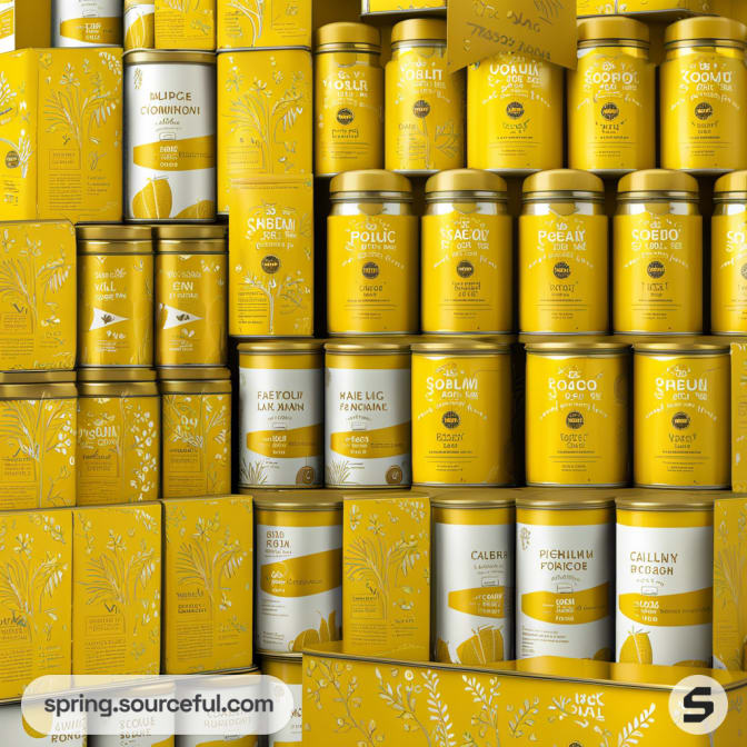 Stack of yellow and gold cylindrical containers and boxes with leaf patterns on a patterned yellow background.
