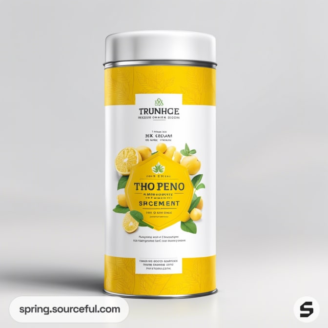 Metallic cylindrical container with a yellow and white label featuring lemons and green leaves.