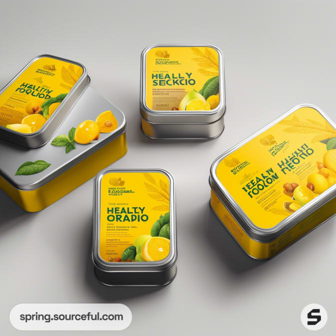 Array of silver tin containers with bright yellow labels featuring lemons and greens on a light background.