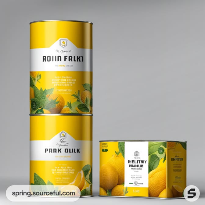Stacked steel cans and cardboard box featuring botanical designs and lemon illustrations on a gray background.