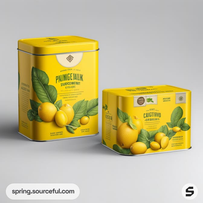 Yellow tin and rectangular boxes with fruit and leaf illustrations on white background.