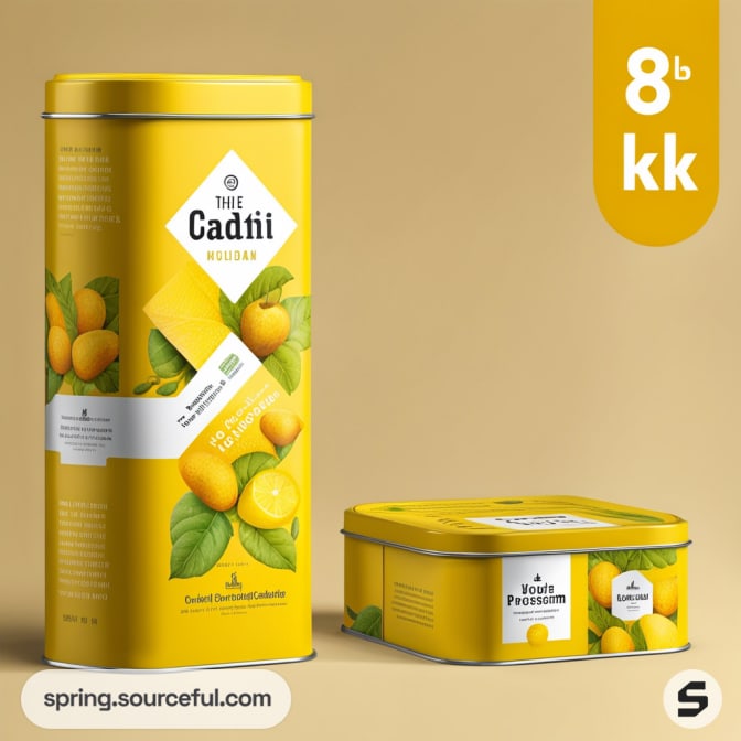 Tall and square yellow tins with lemon illustrations on a beige background.