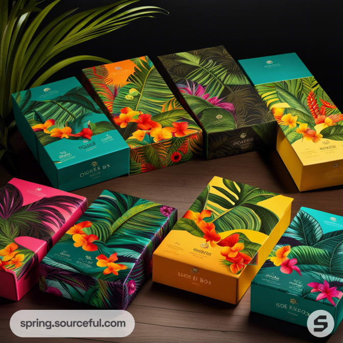 Tropical patterned packaging with vibrant floral designs on rectangular boxes.