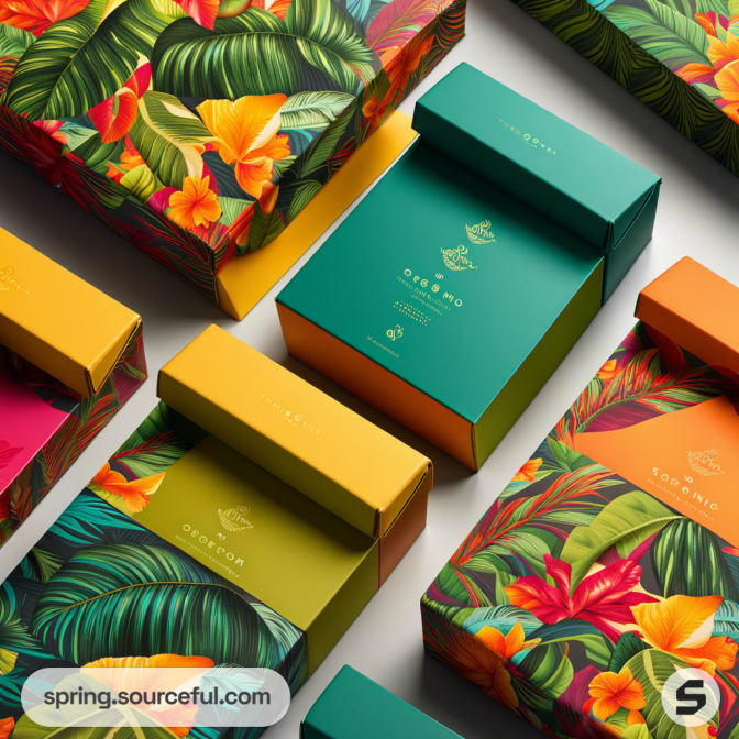 Colorful tropical-themed packaging boxes with floral patterns and vibrant colors like green, yellow, and orange.