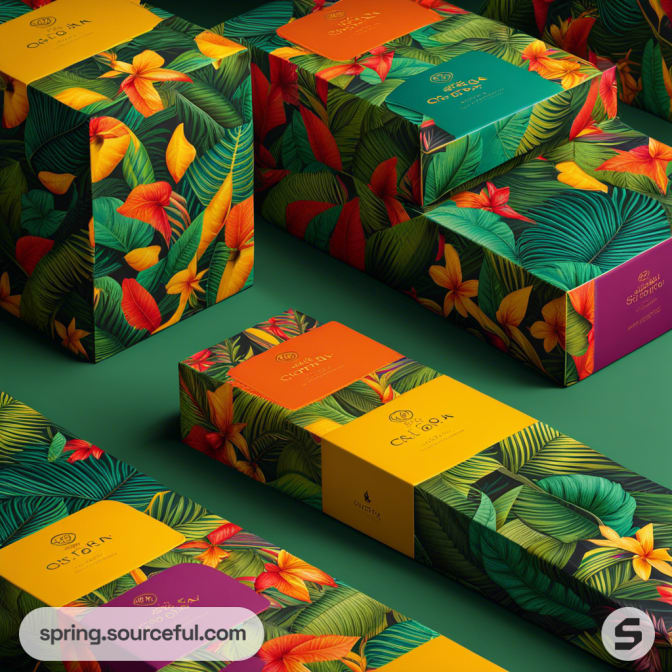 Colorful packaging with tropical leaf and flower patterns on mailer boxes over a green background.