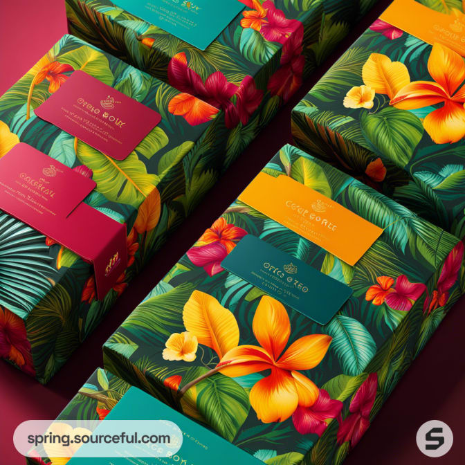 Colorful floral patterned rectangular boxes with tropical flower designs and vibrant labels on the surface.