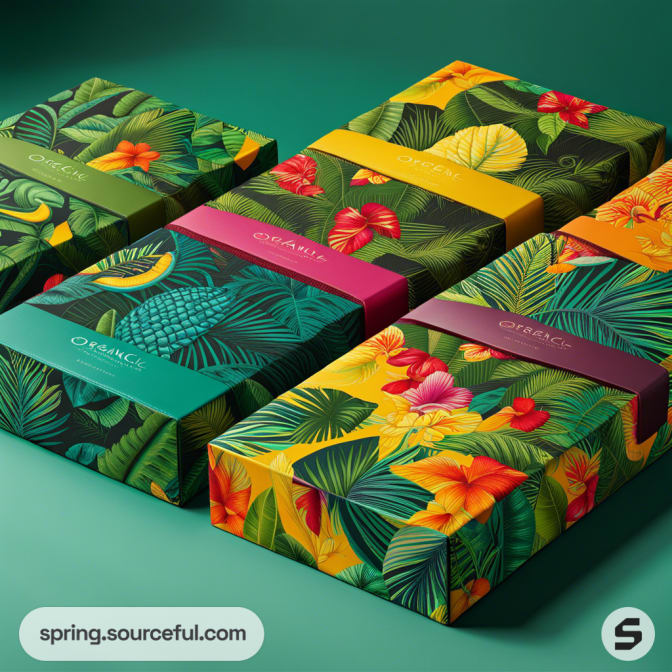 Tropical-themed rectangular boxes with colorful floral designs on a green background.
