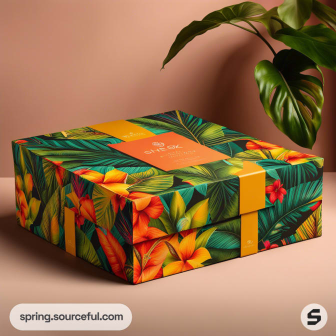 Colorful floral gift box with tropical leaf patterns on a solid background.